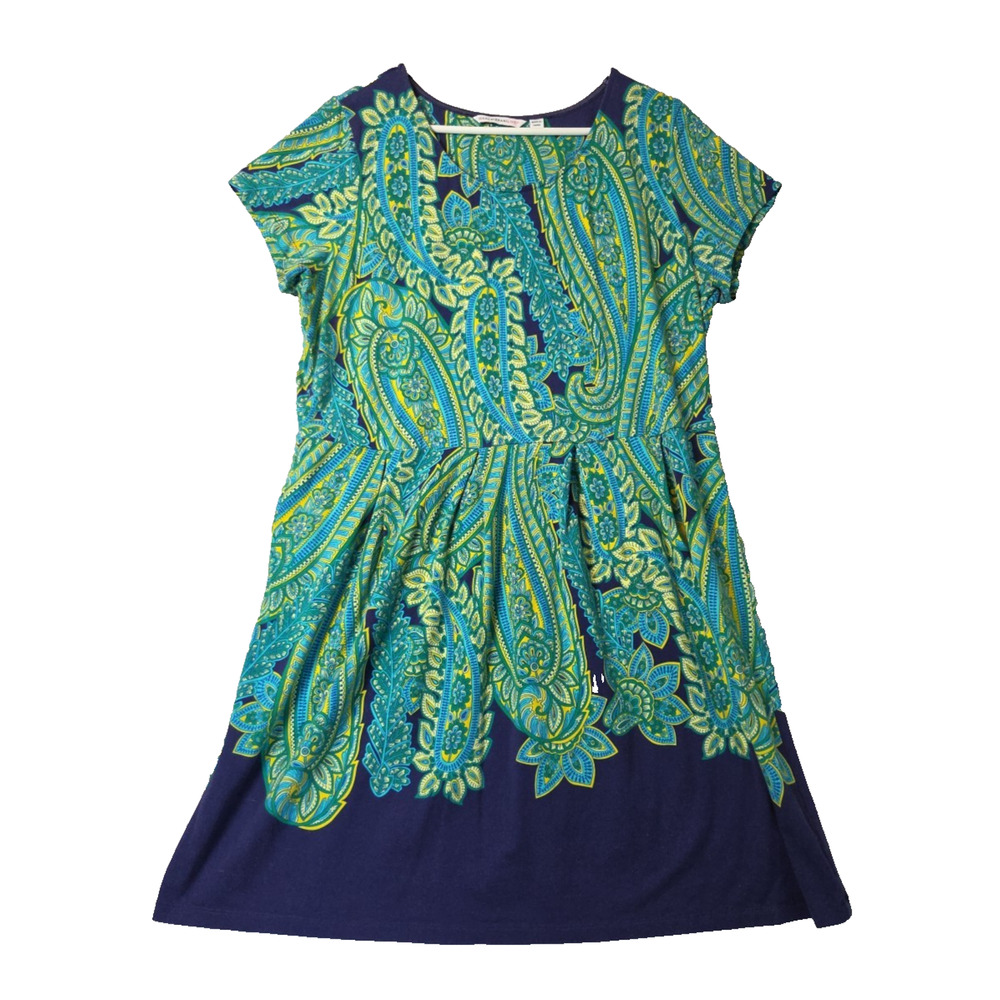 Isaac Mizrahi Blue Green Paisley SS Fit & Flare Knee Dress Women's XL Stretch